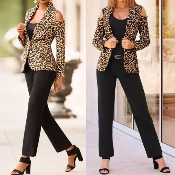 Boston Proper Beyond Travel Animal Print Cold Shoulder Blazer Size 12 - Picture 12 of 12